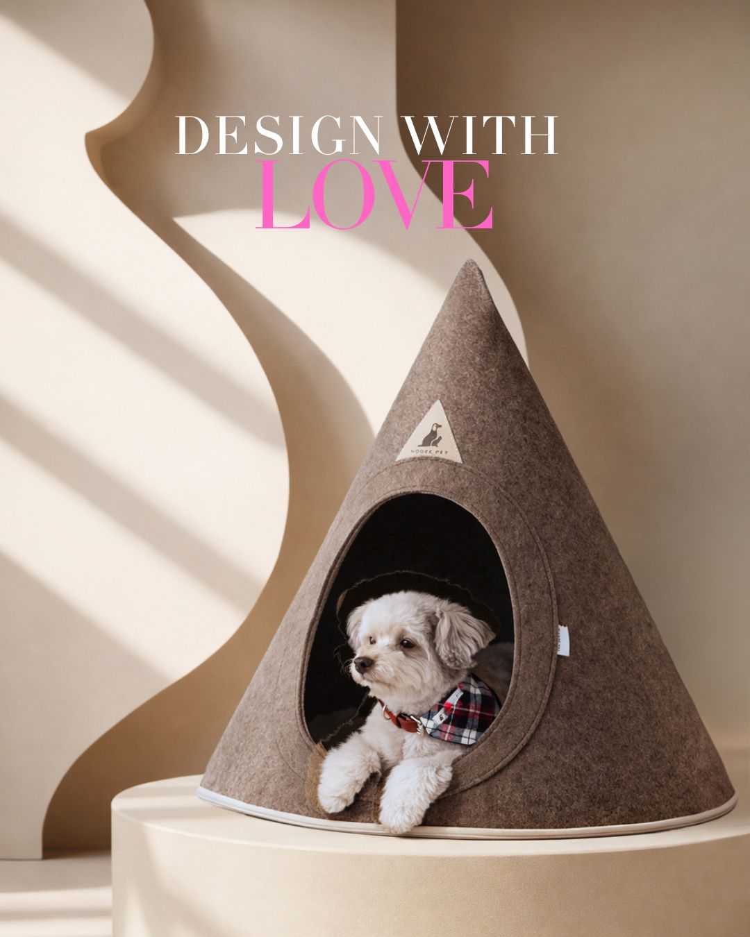 Nooee Pet felt pet caves displayed on sculptural podiums in soft neutral tones, with a small dog resting inside, showcasing modern design and everyday comfort.