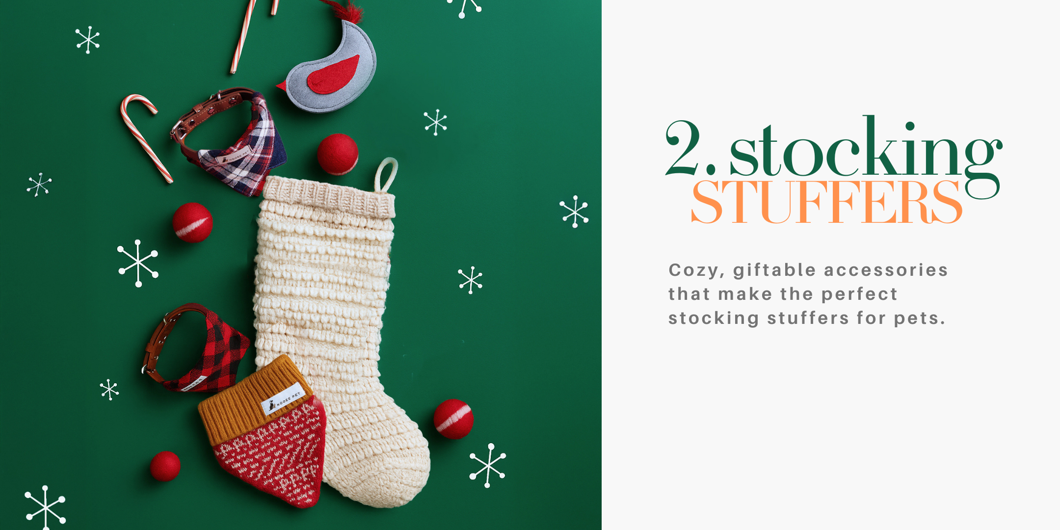 Holiday stocking stuffer gift layout featuring Nooee Pet wool toy balls, felt animal toy, neck warmers, and patterned collars arranged on a green backdrop with a cream knitted stocking.