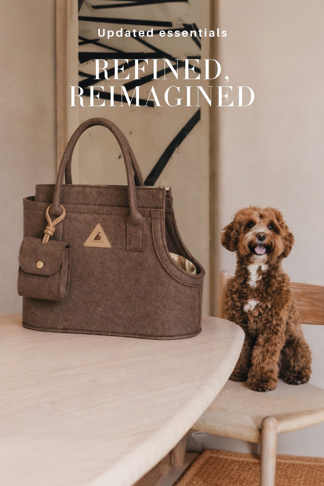 Brown Nooee Pet Ash bag with dog, showing structured shape and larger pouch