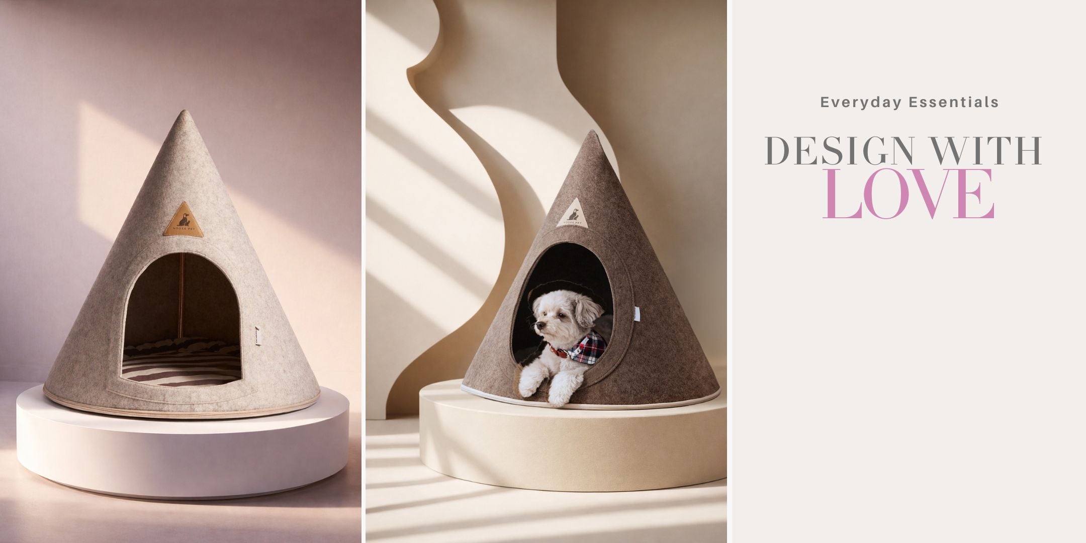 Two Nooee Pet felt pet caves displayed on sculptural podiums in soft neutral tones, one styled empty and one with a small dog resting inside, showcasing modern design and everyday comfort.”