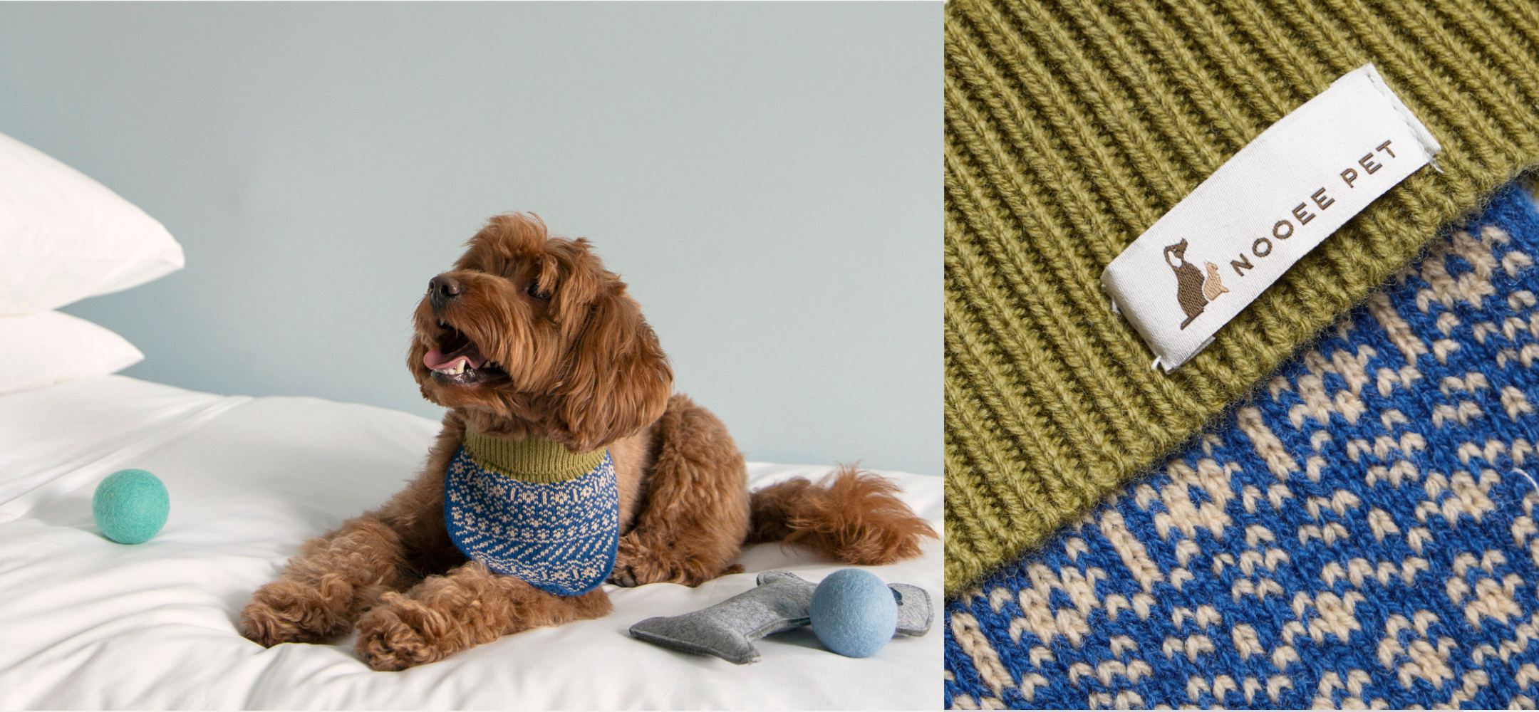 Brown dog wearing Nooee Pet wool neck warmer in green and blue pattern, relaxing on bed with wool toy balls, close-up of Nooee Pet logo on knit fabric.