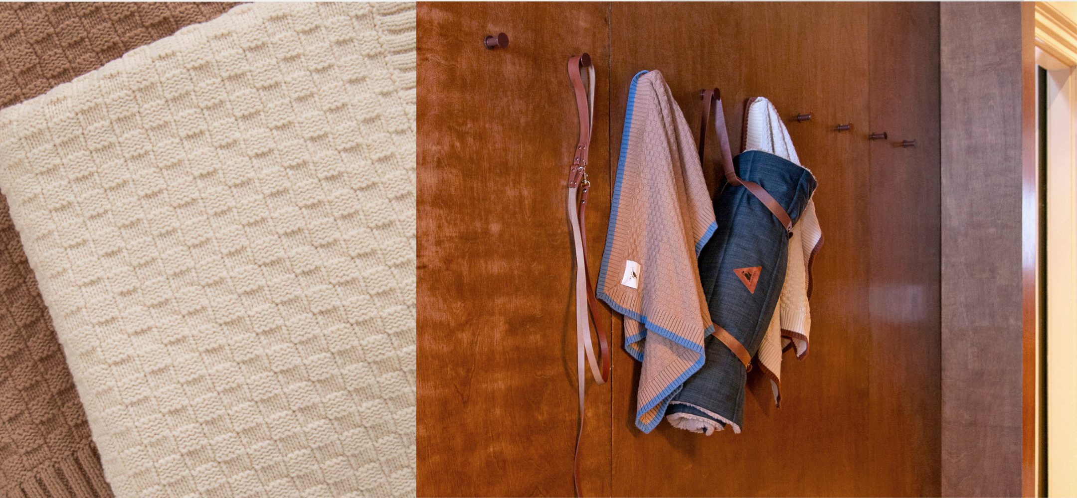 Nooee Pet cotton knit pet blankets in cream and brown tones and Jackson travel mat with leather straps hanging on a wooden wall, showcasing stylish and functional pet travel essentials.
