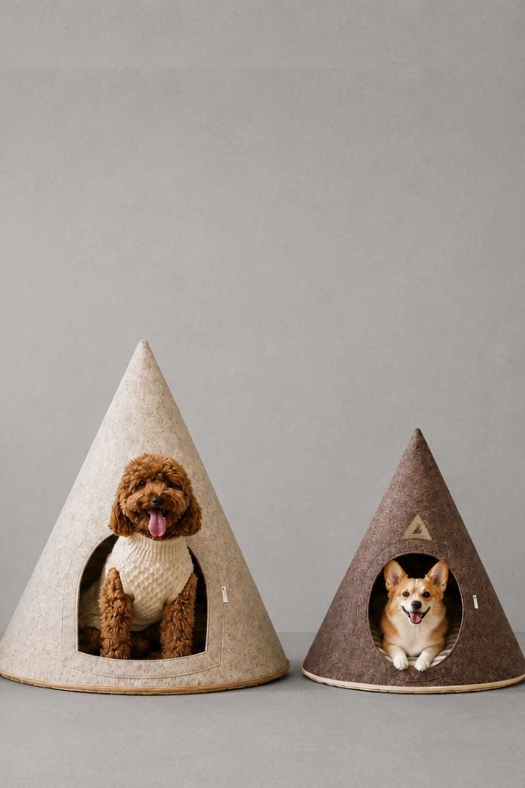 Cream and brown Nooee Pet felt pet caves with dogs inside, highlighting modern pet cave designs available in multiple sizes and colors.