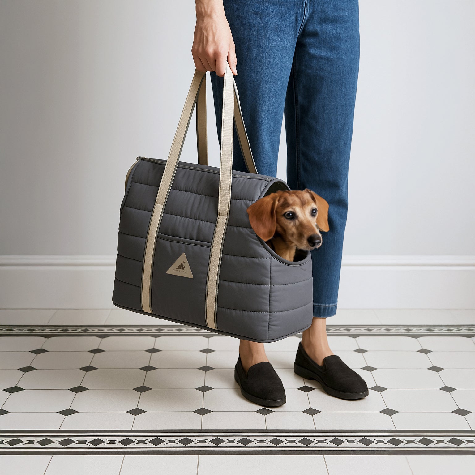 Close-up of a brown Dachshund sitting inside the slate gray Nooee Pet Finn Carrier, being held by cream shoulder straps in a stylish home setting.