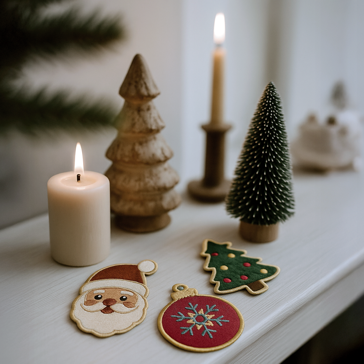 Holiday-themed pet patches styled with candles and mini trees on a winter mantel — Nooee Pet festive patch collection.