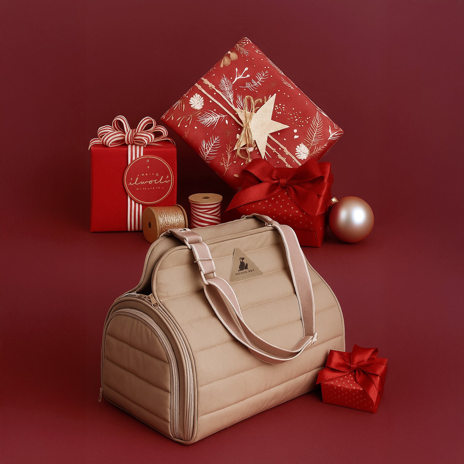 Nooee Pet Olive Carrier displayed with holiday gift boxes on a deep red background, showcasing the padded, structured design for calm and comfortable pet travel.