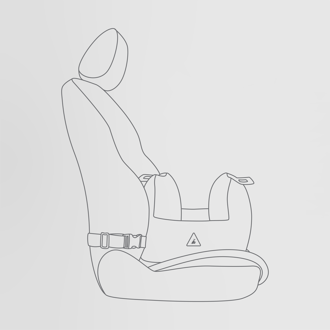 Line drawing of the Nooee Pet Car Seat Charlie installed in a car. The diagram shows the car seat secured with a safety strap around the vehicle seatback, highlighting the correct positioning for secure travel.