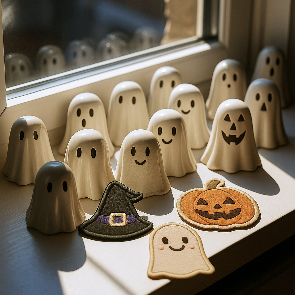 Minimal Halloween scene with smiling ceramic ghosts and Nooee Pet Halloween patches — ghost, pumpkin, and witch hat — displayed by a sunny window.
