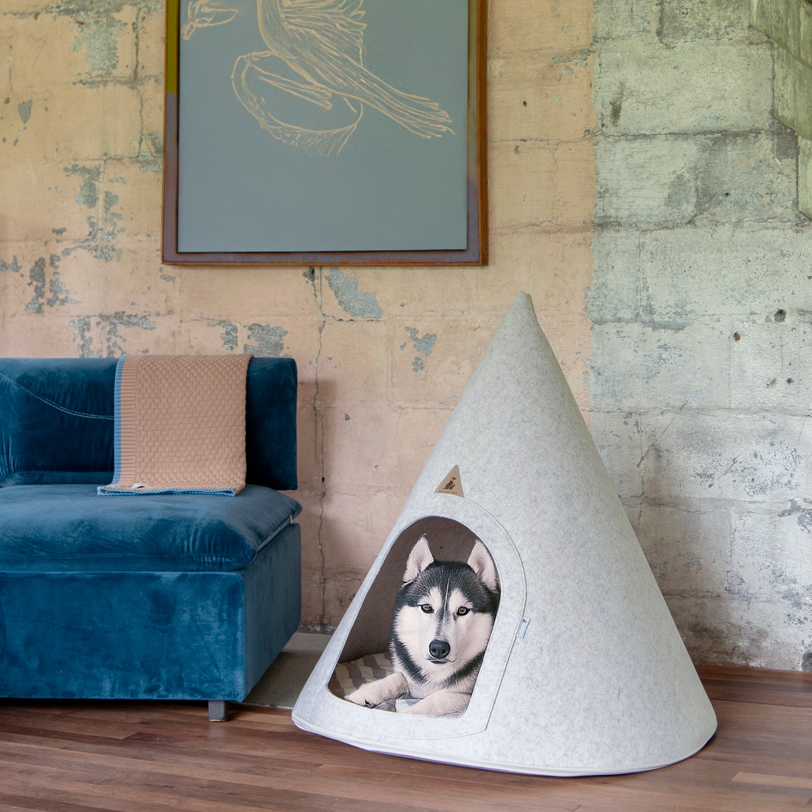 Siberian Husky lounging inside the Nooee Pet Teepee Tucker in light gray felt, placed beside a teal velvet couch and a textured concrete wall with modern artwork above.