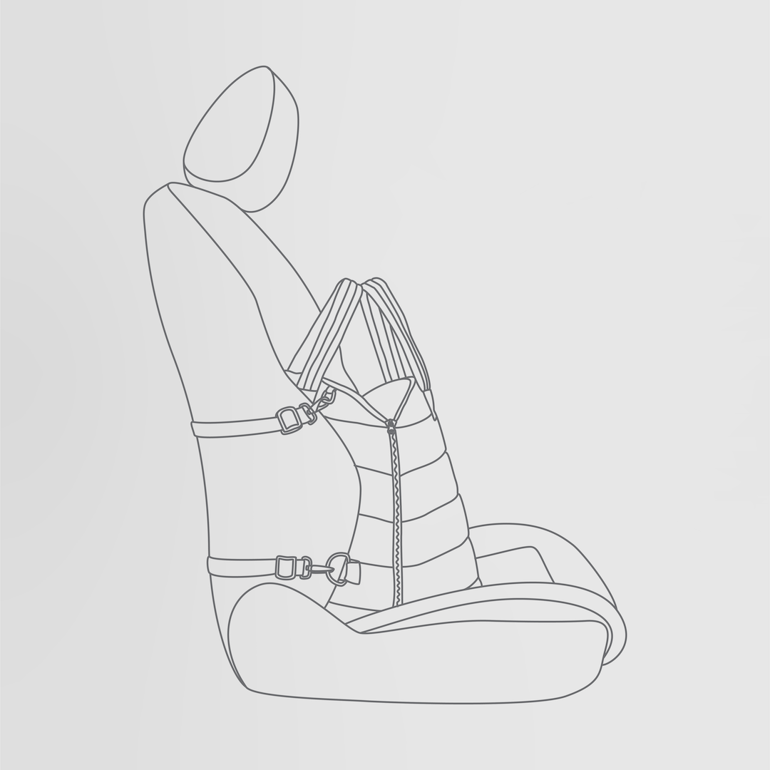 Line drawing of a car seat showing how the Nooee Pet Lola Car Seat is secured with adjustable top and bottom straps, attached to the seat back and base for safe travel.