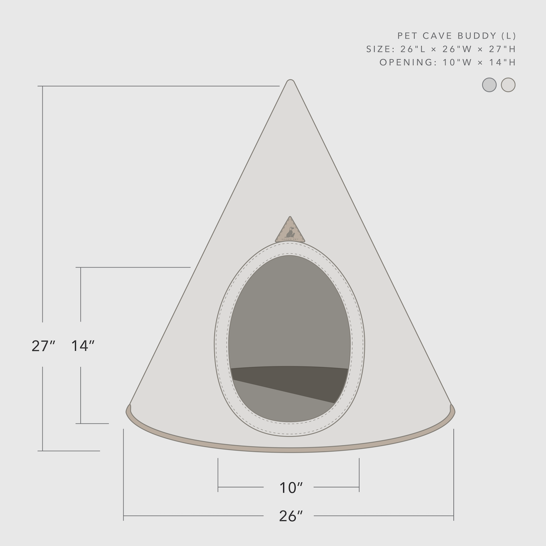 Size diagram of Nooee Pet Cave Buddy (L) in cream color. Dimensions: 26 inches in length, 26 inches in width, and 27 inches in height. Entrance opening measures 10 inches wide by 14 inches high. Features a conical design with a soft, cozy interior.