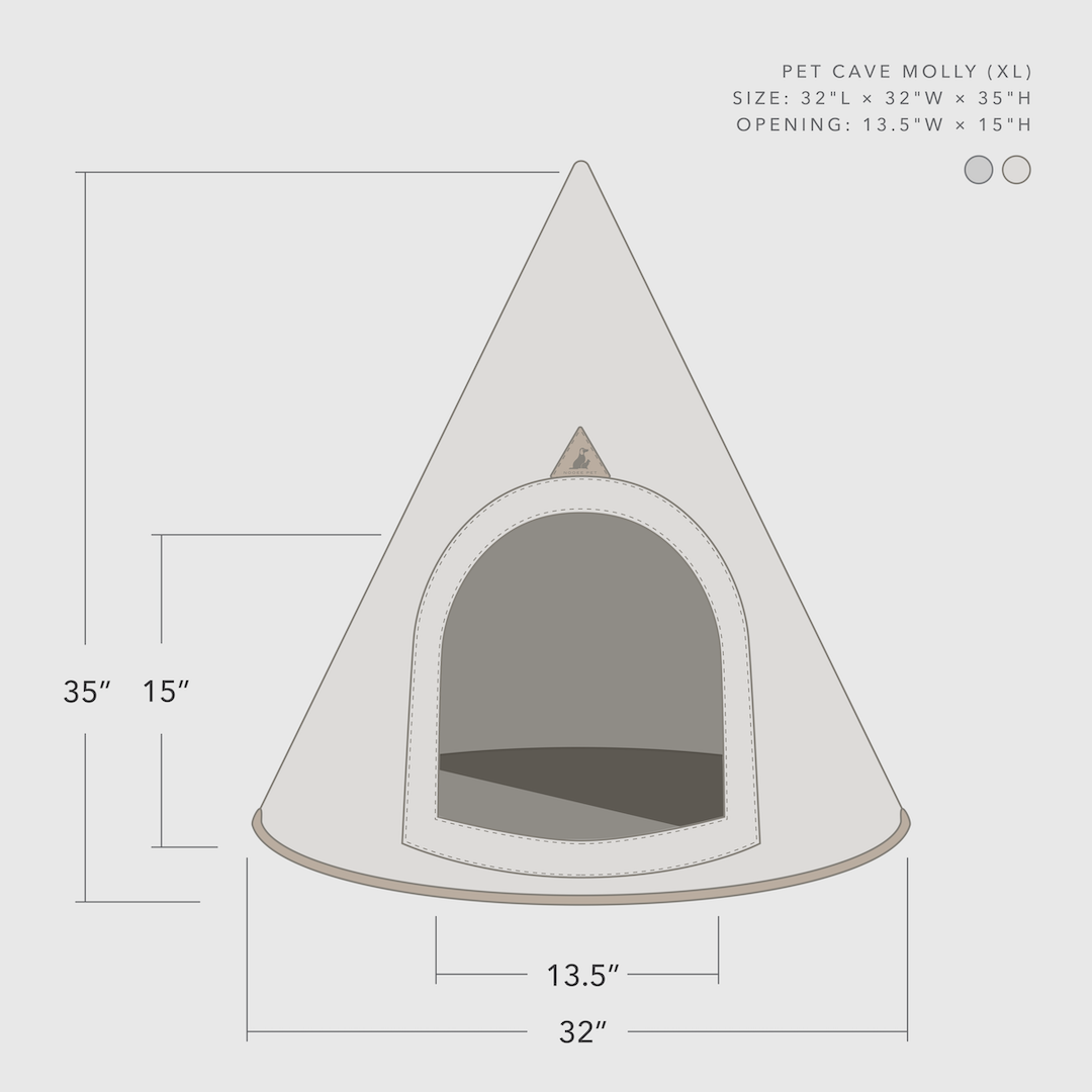 Dimensional diagram of the Nooee Pet Molly XL Cream Pet Cave – 35”H x 32”W x 32”D, arch opening 13.5”W x 15”H.