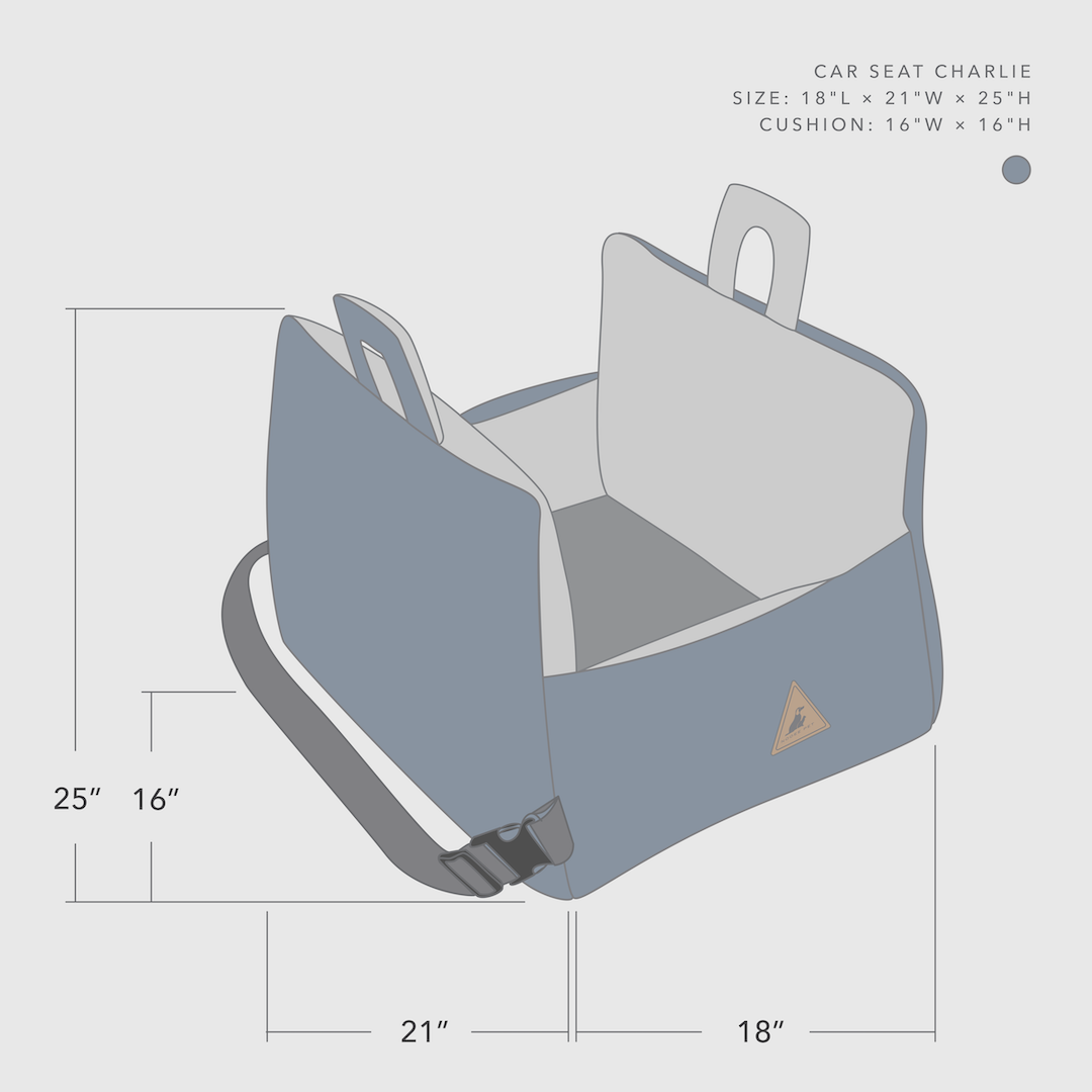 Illustrated dimension guide of the Nooee Pet Car Seat Charlie in blue and light gray. Diagram includes labeled measurements: 18"L x 21"W x 25"H for the full seat, and 16"W x 16"H for the cushion.