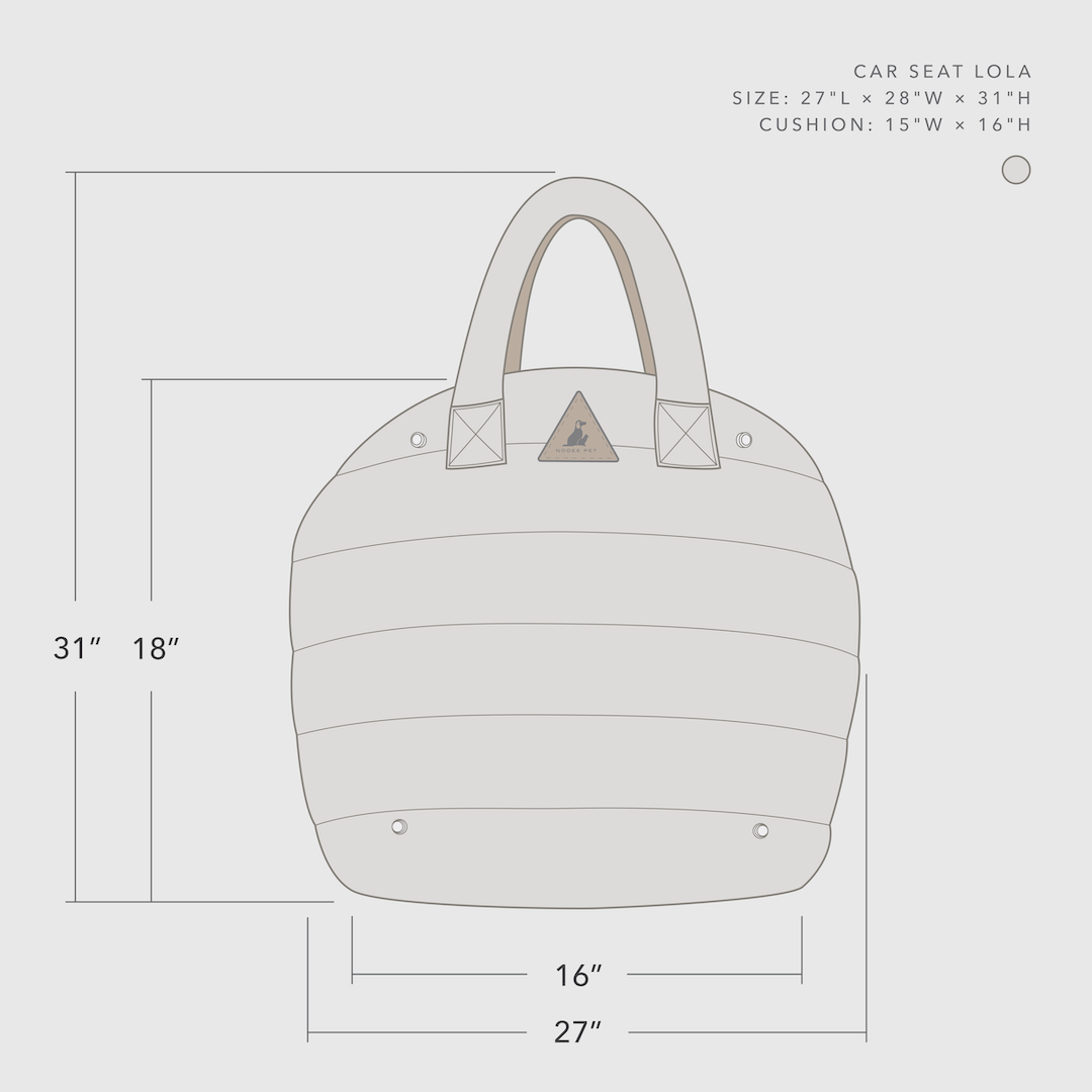 Illustration of Nooee Pet Lola Car Seat with measurements labeled: 27" L x 28" W x 31" H; cushion size is 15" W x 16" H. Shows dimensions and proportions of the car seat in a front-facing view.