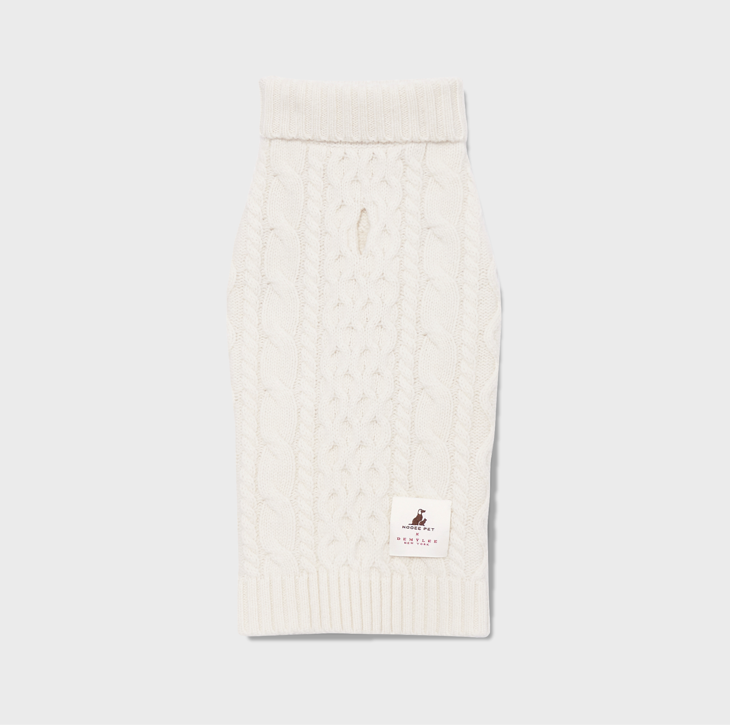 Front view of Nooee Pet Off White Wool Cable Sweater featuring a classic cable knit pattern, ribbed trim, and a collar/harness hole near the neckline.