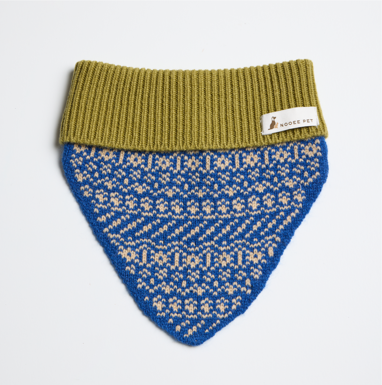Nooee Pet blue wool dog neck warmer with amber ribbed collar, displayed flat on a white background, featuring a geometric knit pattern and Nooee Pet label.