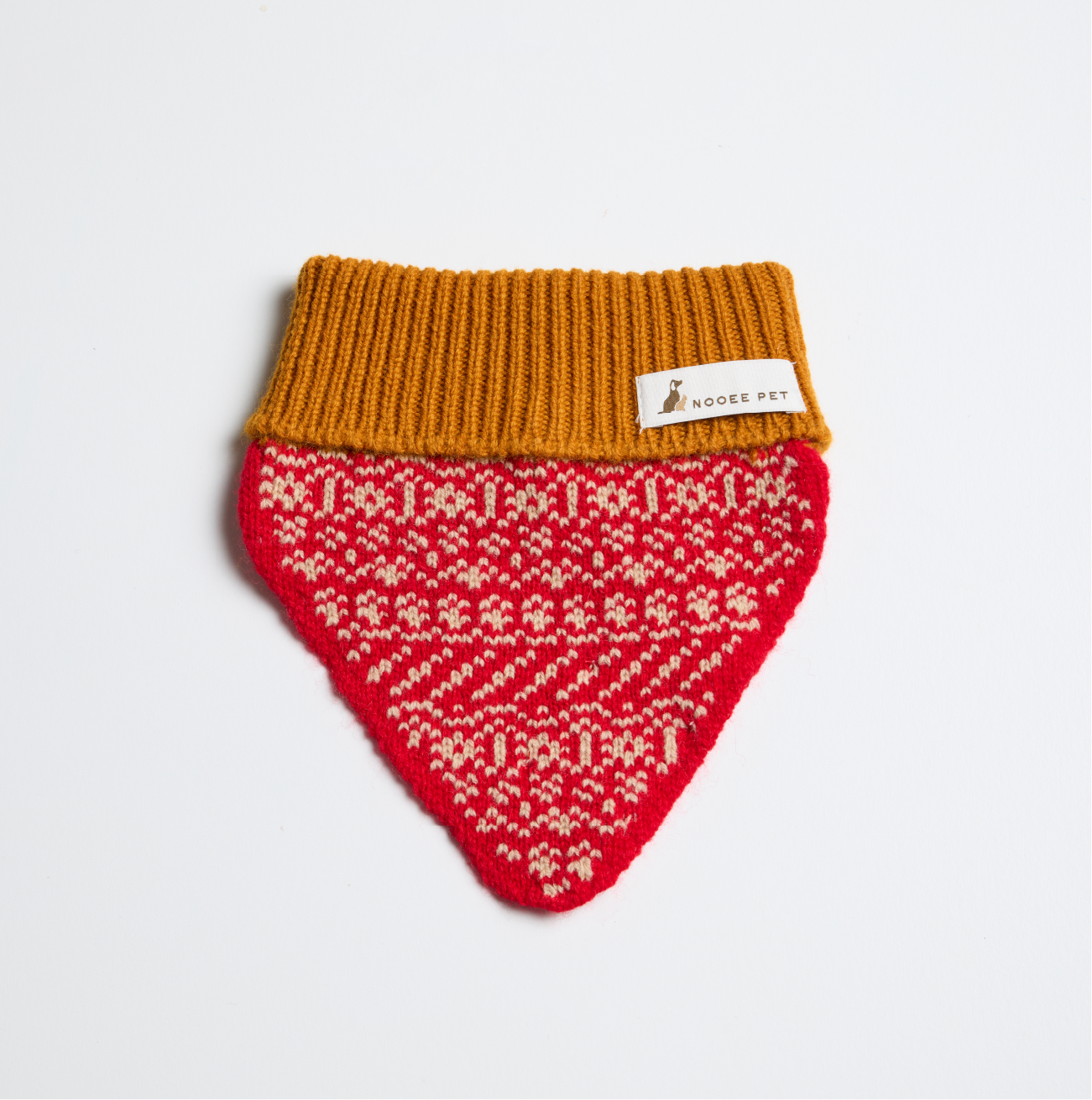 Nooee Pet red wool dog neck warmer with amber ribbed collar, displayed flat on a white background, featuring a geometric knit pattern and Nooee Pet label.