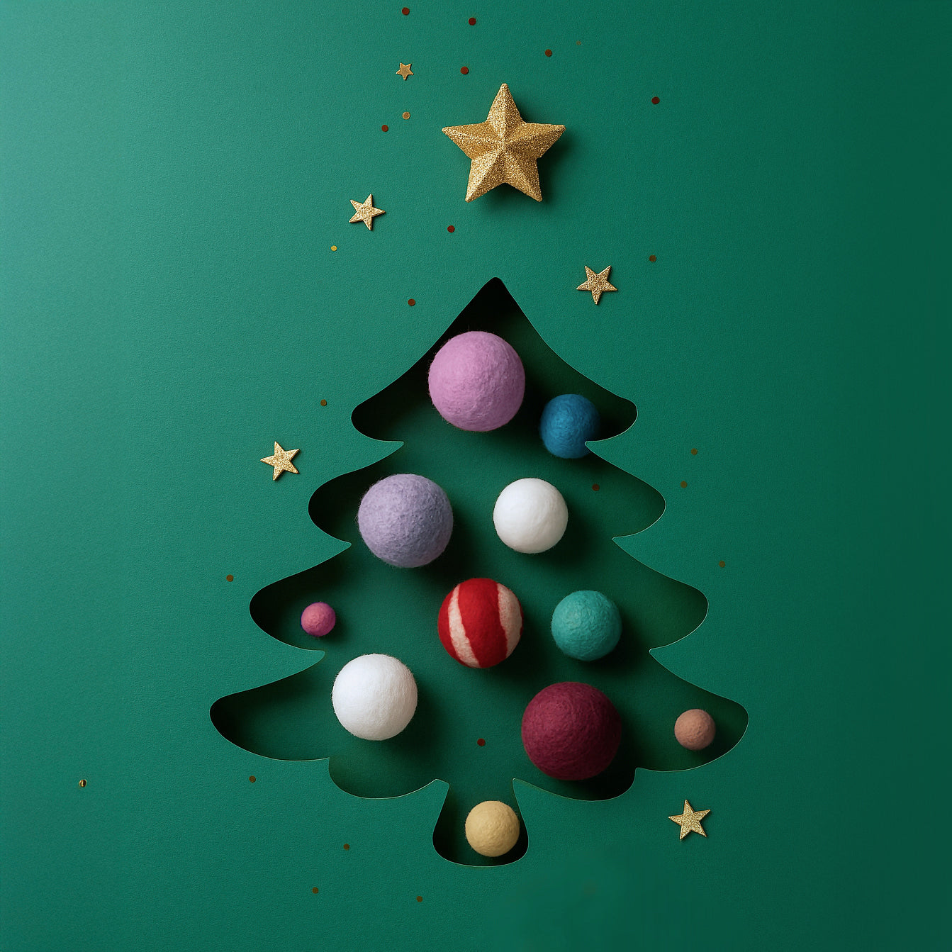 Holiday tree–shaped cutout filled with colorful Nooee Pet wool toy balls, decorated with gold stars on a green festive background.