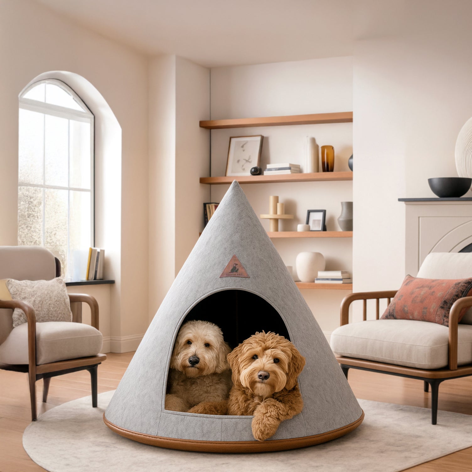 Two fluffy dogs resting together inside a light gray Nooee Pet Cave (XXL) in a modern, cozy living room with arched windows and wooden shelves.