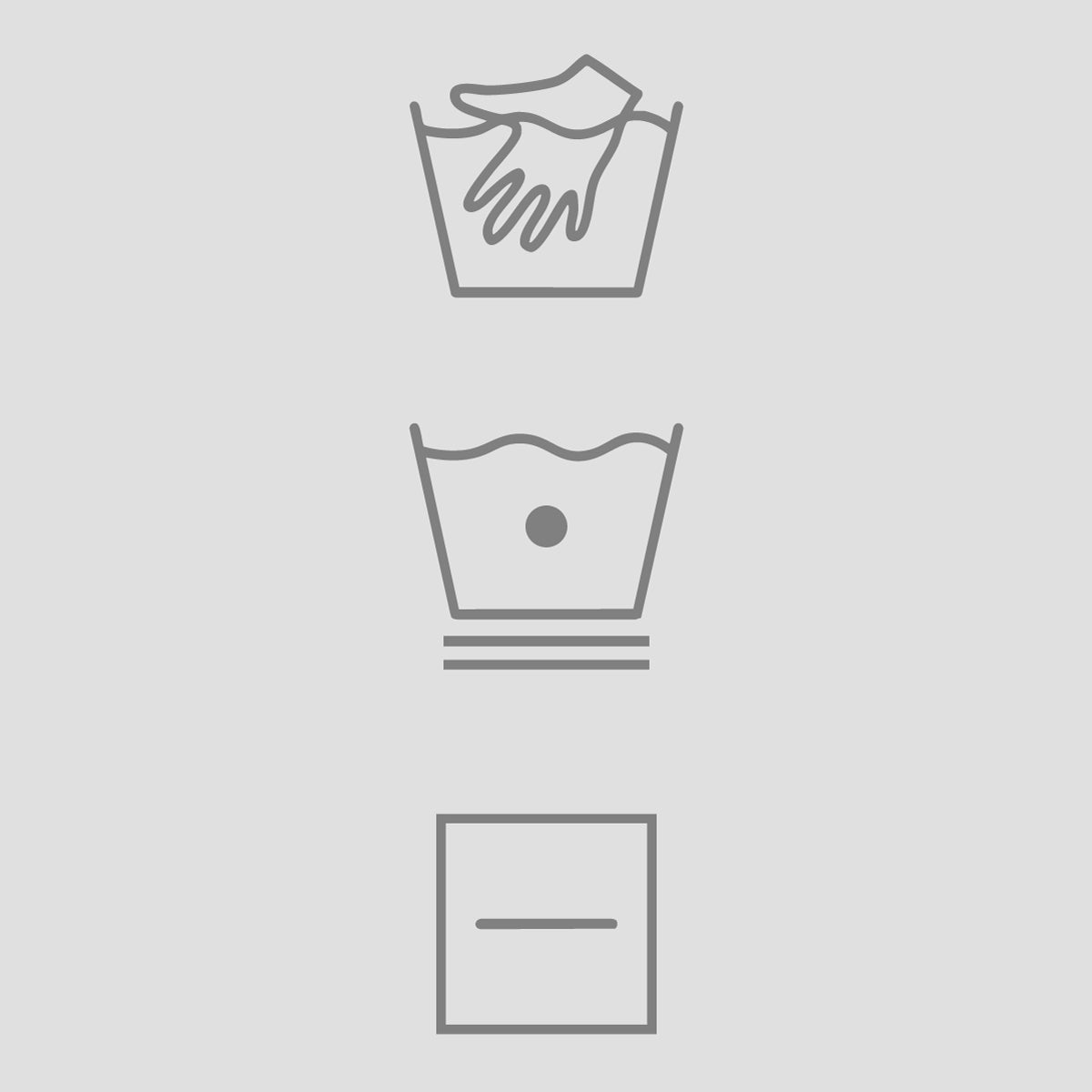 Three cleaning icons showing hand wash, gentle machine wash, and lay flat to dry care instructions.