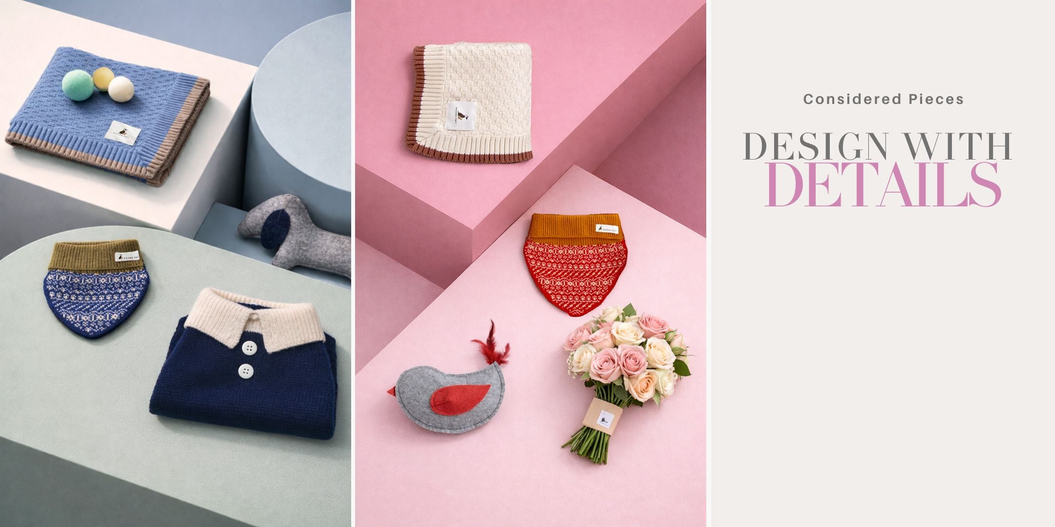Curated Nooee Pet accessories including knit blankets, pet toys, and softwear displayed on sculptural podiums in soft blue and pink tones.