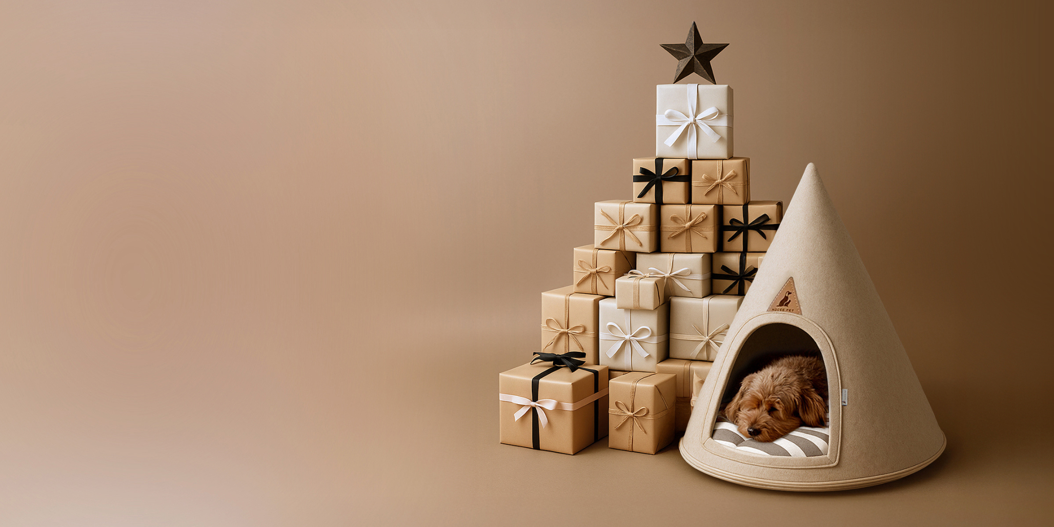 Nooee Pet cream felt pet cave beside a tower of gift boxes on a warm beige background, promoting a Black Friday 30% off everything sale with code BF30.