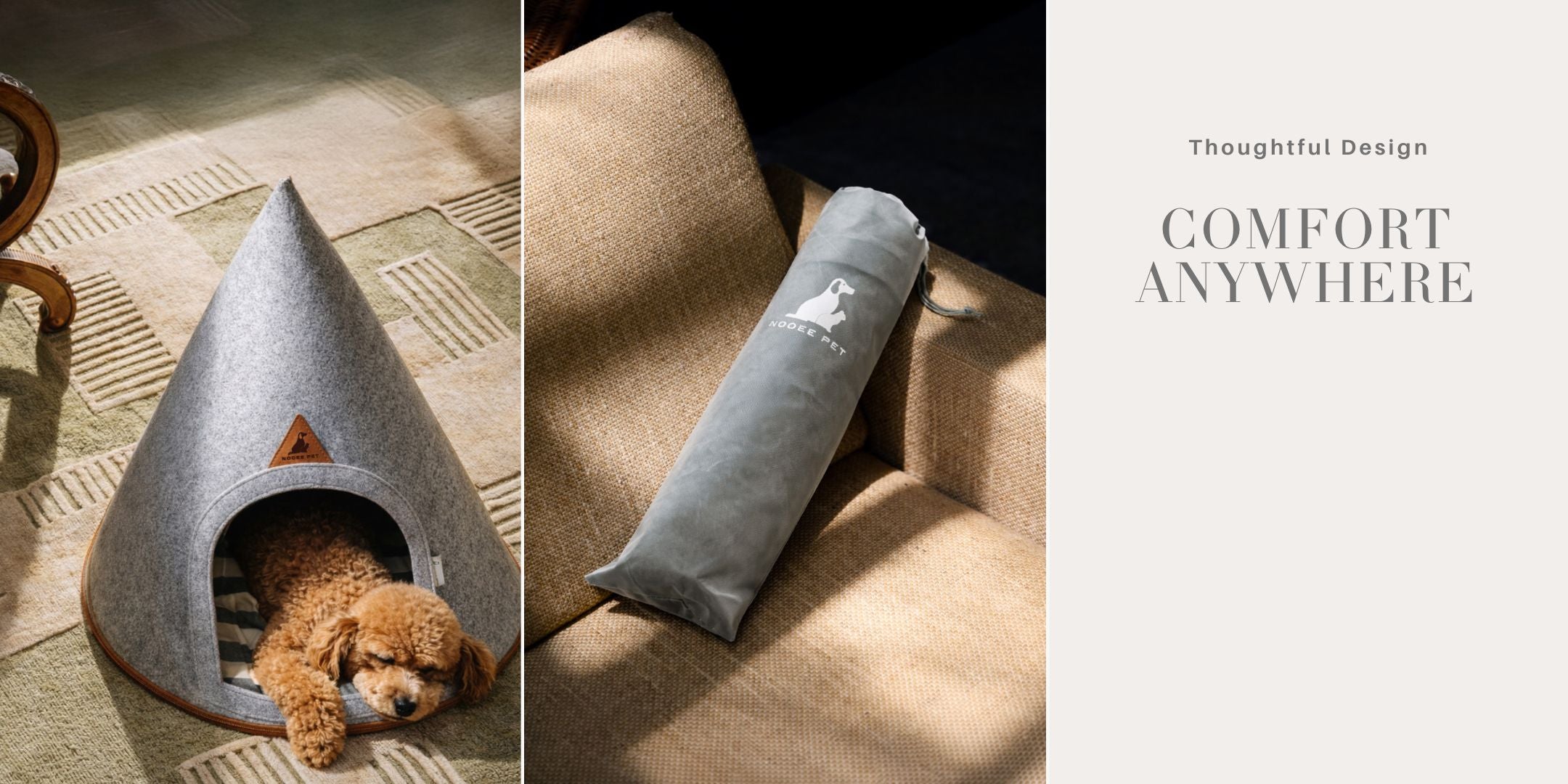 Nooee Pet felt pet cave with dog resting inside and foldable cave packed into travel bag, showcasing portable pet comfort and modern design