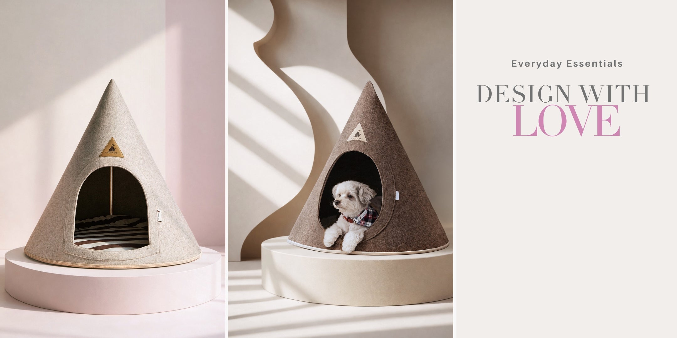 Two Nooee Pet felt pet caves displayed on sculptural podiums in soft neutral tones, one styled empty and one with a small dog resting inside, showcasing modern design and everyday comfort.”