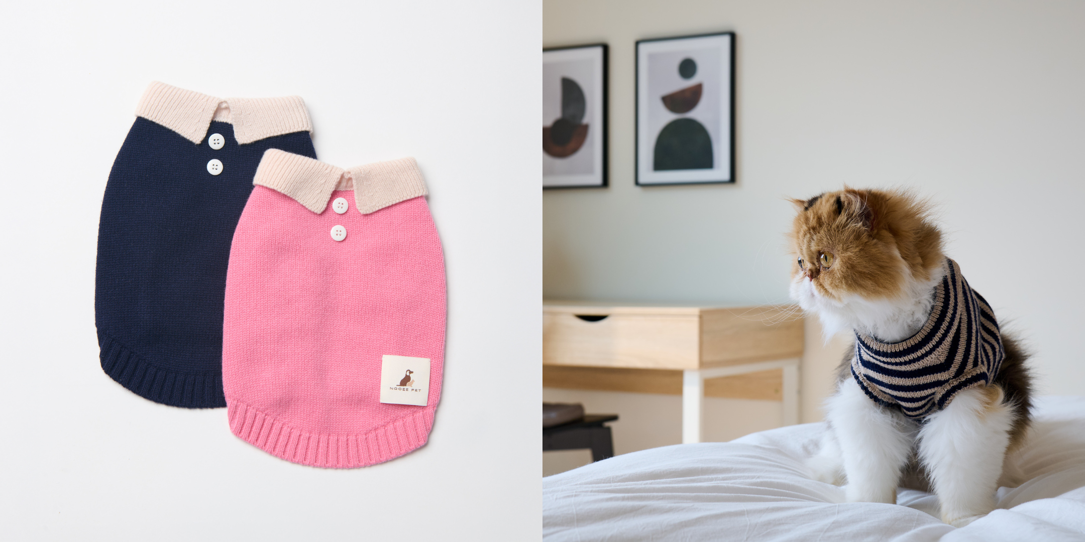 New 100% Wool Polo Sweater for Pets – Navy and Pink styles with cream collars, alongside a fluffy cat model in a navy stripe sweater on a bed.