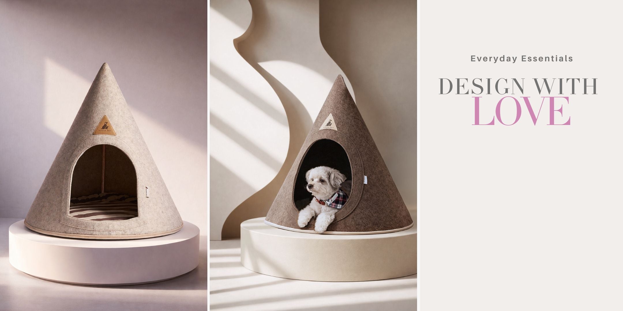 Two Nooee Pet felt pet caves displayed on sculptural podiums in soft neutral tones, one styled empty and one with a small dog resting inside, showcasing modern design and everyday comfort.”