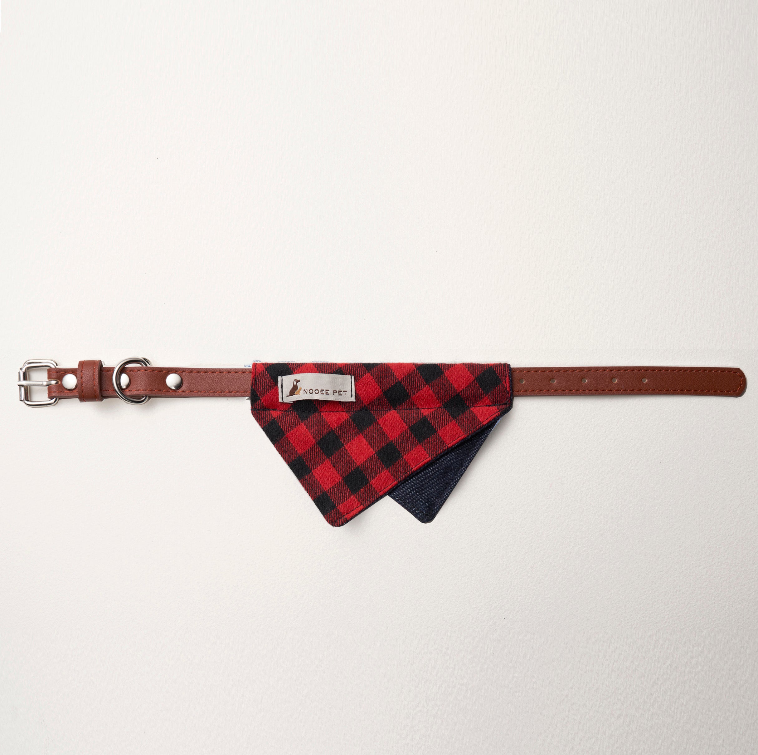 Red and navy plaid Daisy Collar with bandana displayed flat