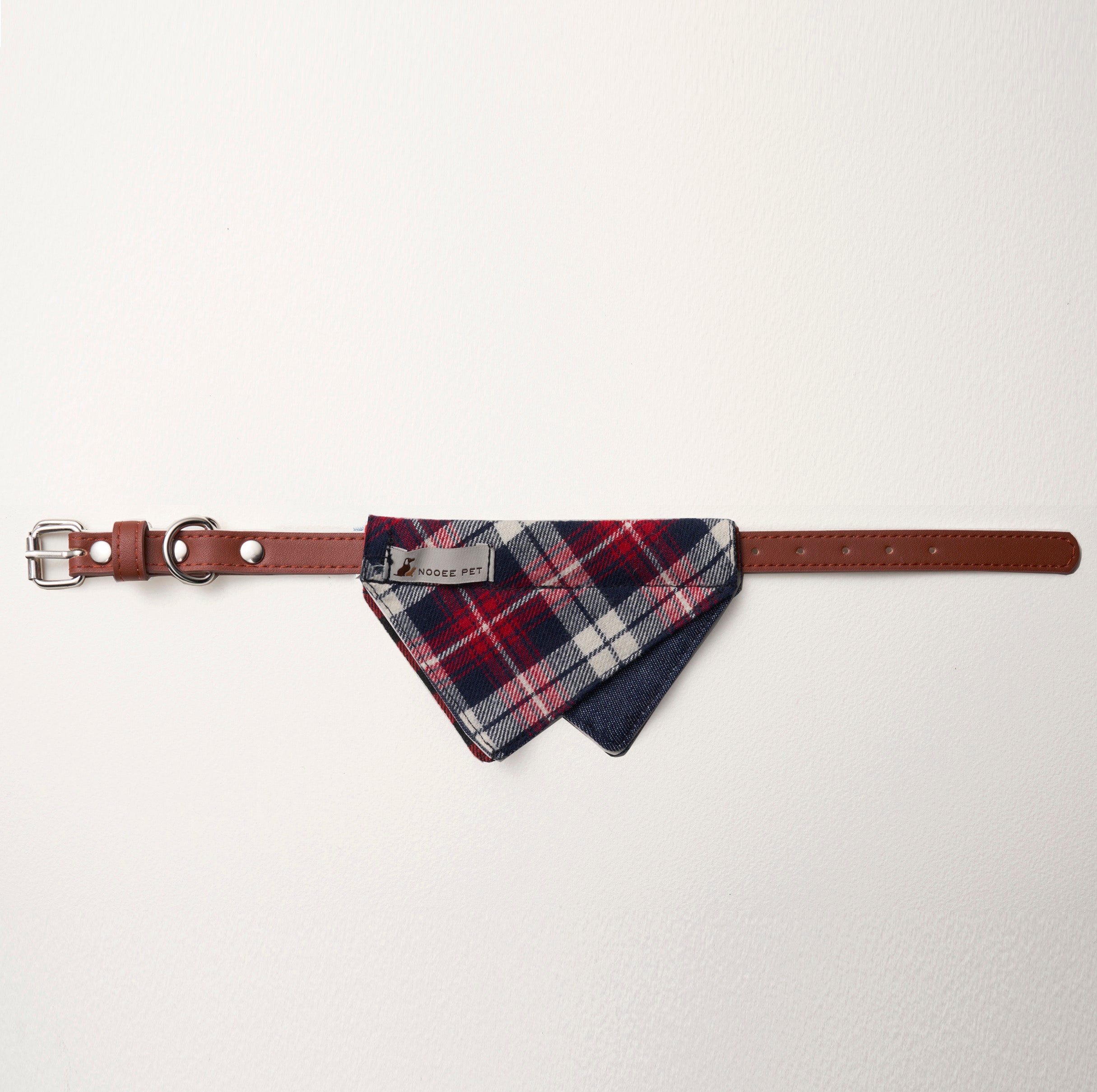 Brown Daisy Collar with red plaid bandana shown from the side