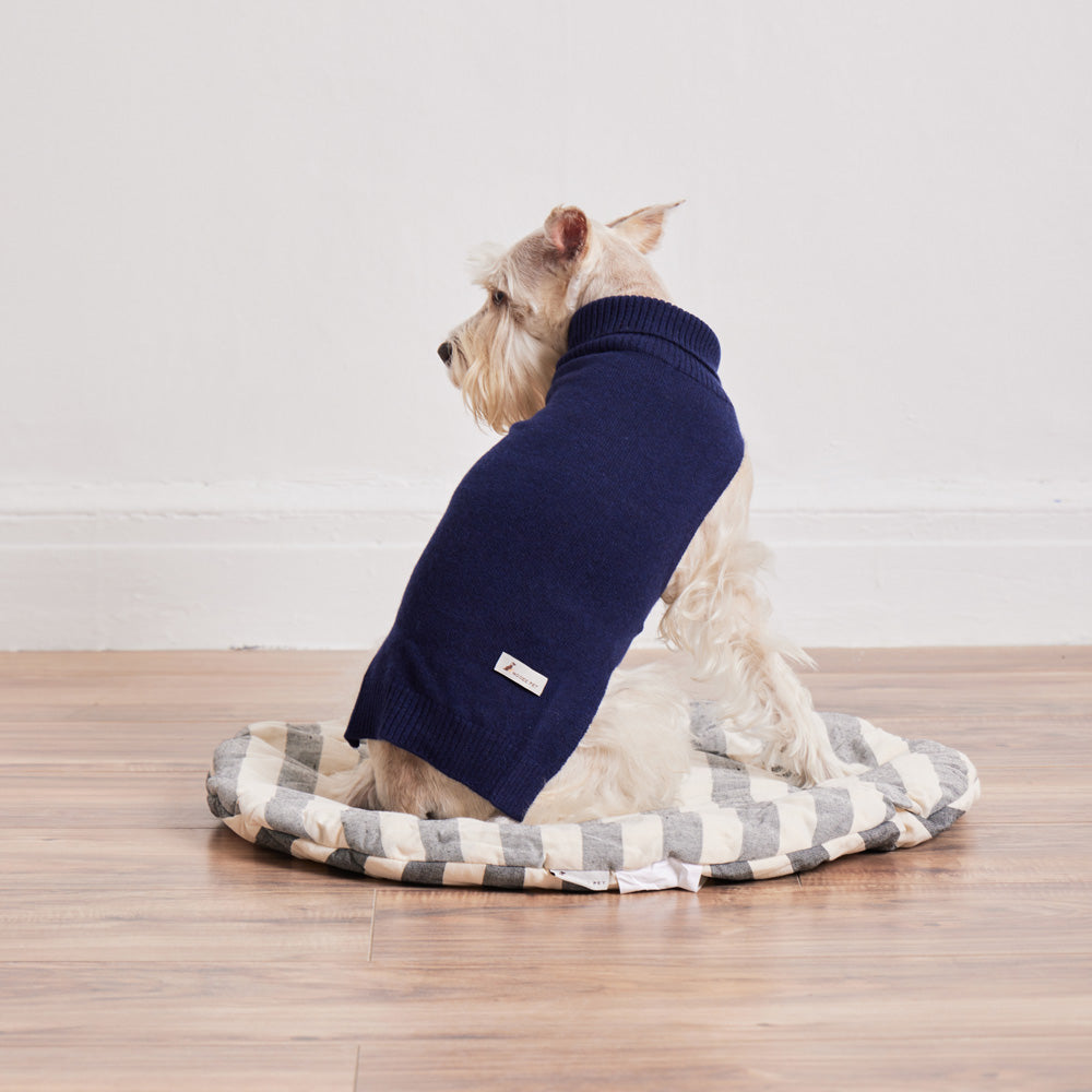 White terrier dog sitting on a striped round pet cushion, wearing a navy blue cashmere turtleneck sweater by Nooee Pet.