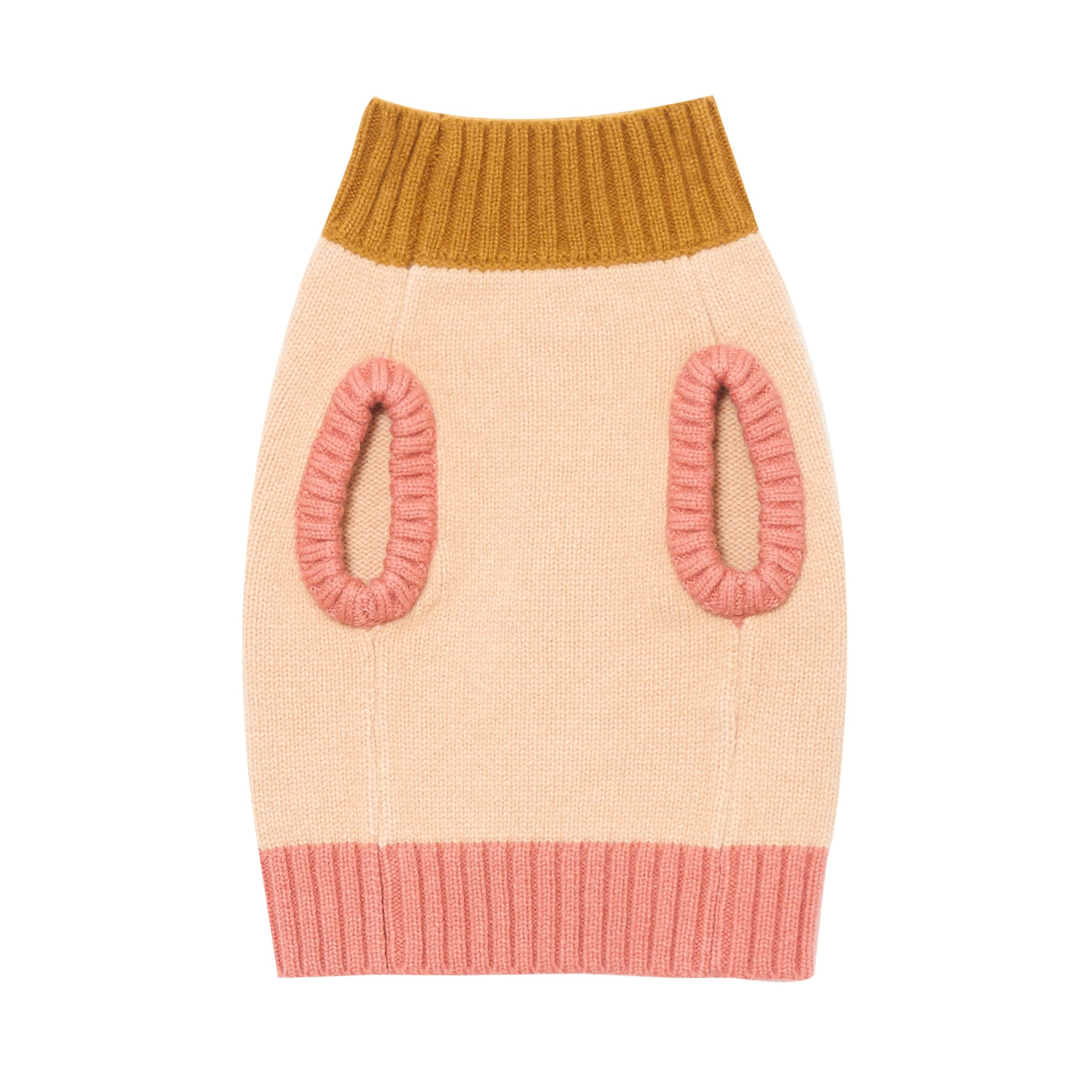 Back view of the Nooee Pet x DEMYLEE fawn dog sweater, featuring a cropped fit, mustard yellow ribbed collar, and pink ribbed trim around the leg openings and hem.