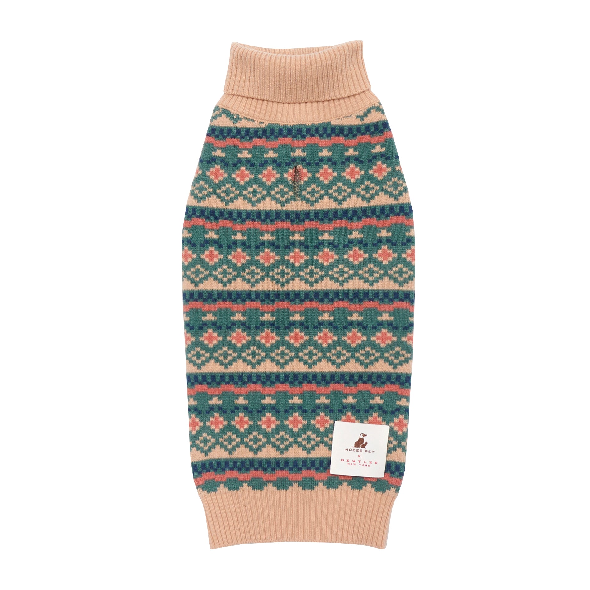 Front view of the Nooee Pet x DEMYLEE Jacquard Wool Sweater featuring a colorful Fair Isle pattern, ribbed collar and hem, and a woven Nooee Pet x DEMYLEE label near the bottom.