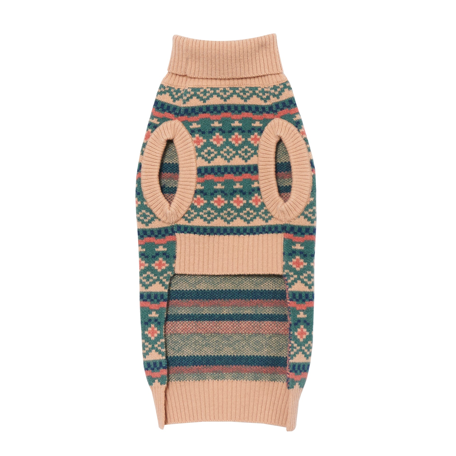 Back view of the Nooee Pet x DEMYLEE Jacquard Wool Sweater in a Fair Isle pattern with armholes and ribbed trim, showcasing the soft knit texture and intricate design.