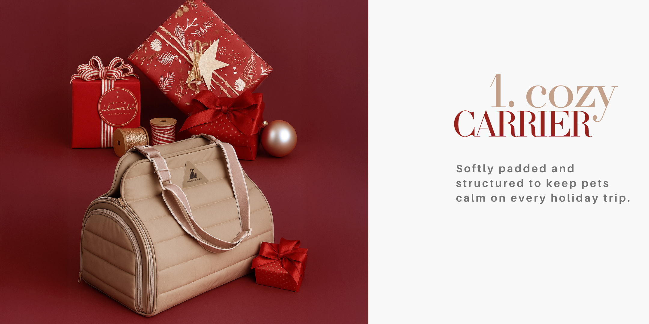 Nooee Pet Olive Carrier displayed with holiday gift boxes on a deep red background, showcasing the padded, structured design for calm and comfortable pet travel.
