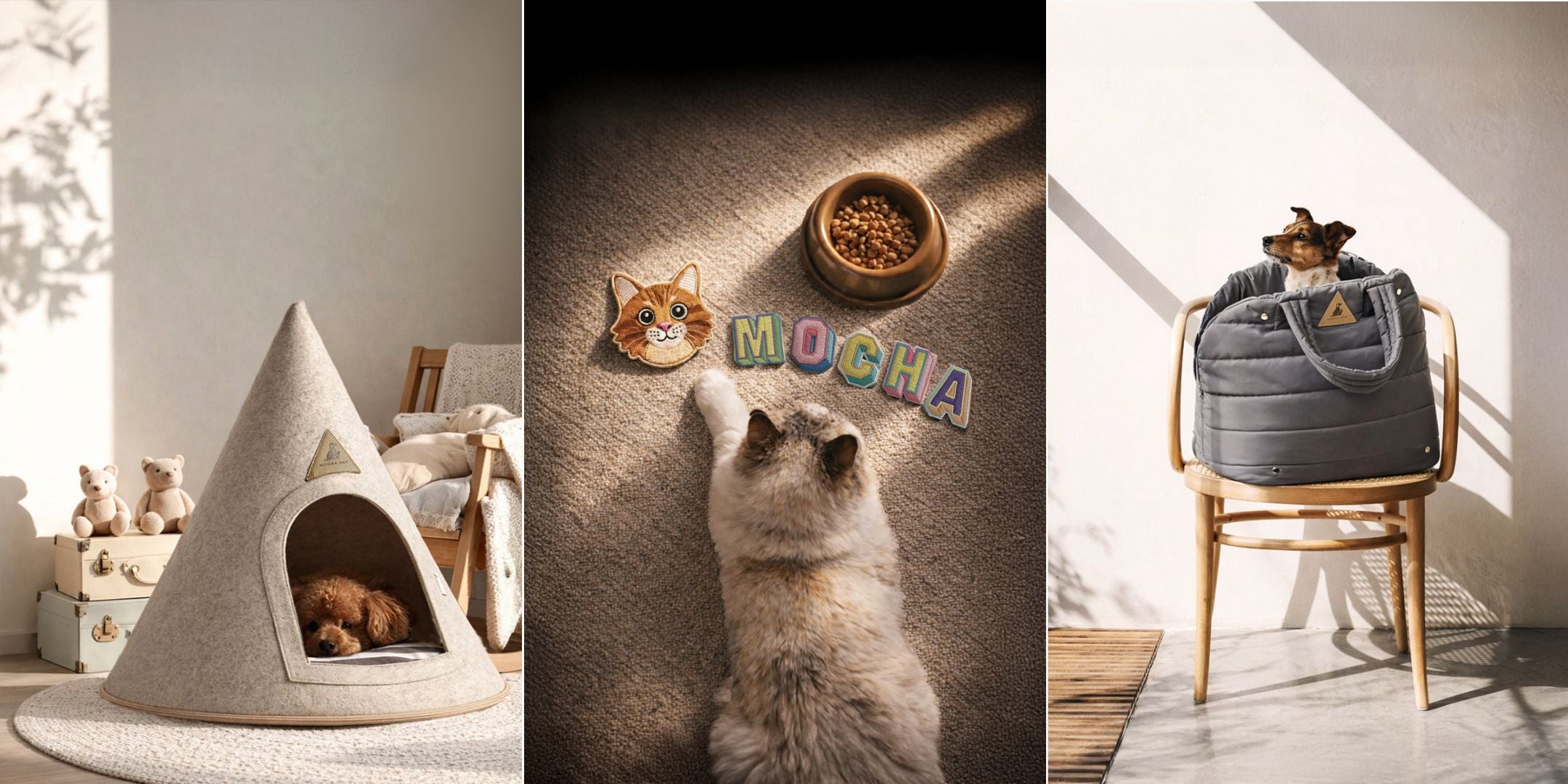 Minimal pet lifestyle scene featuring a cozy felt dog cave, a calm cat resting near a food bowl and name patches, and a quilted pet carrier displayed in soft natural light.