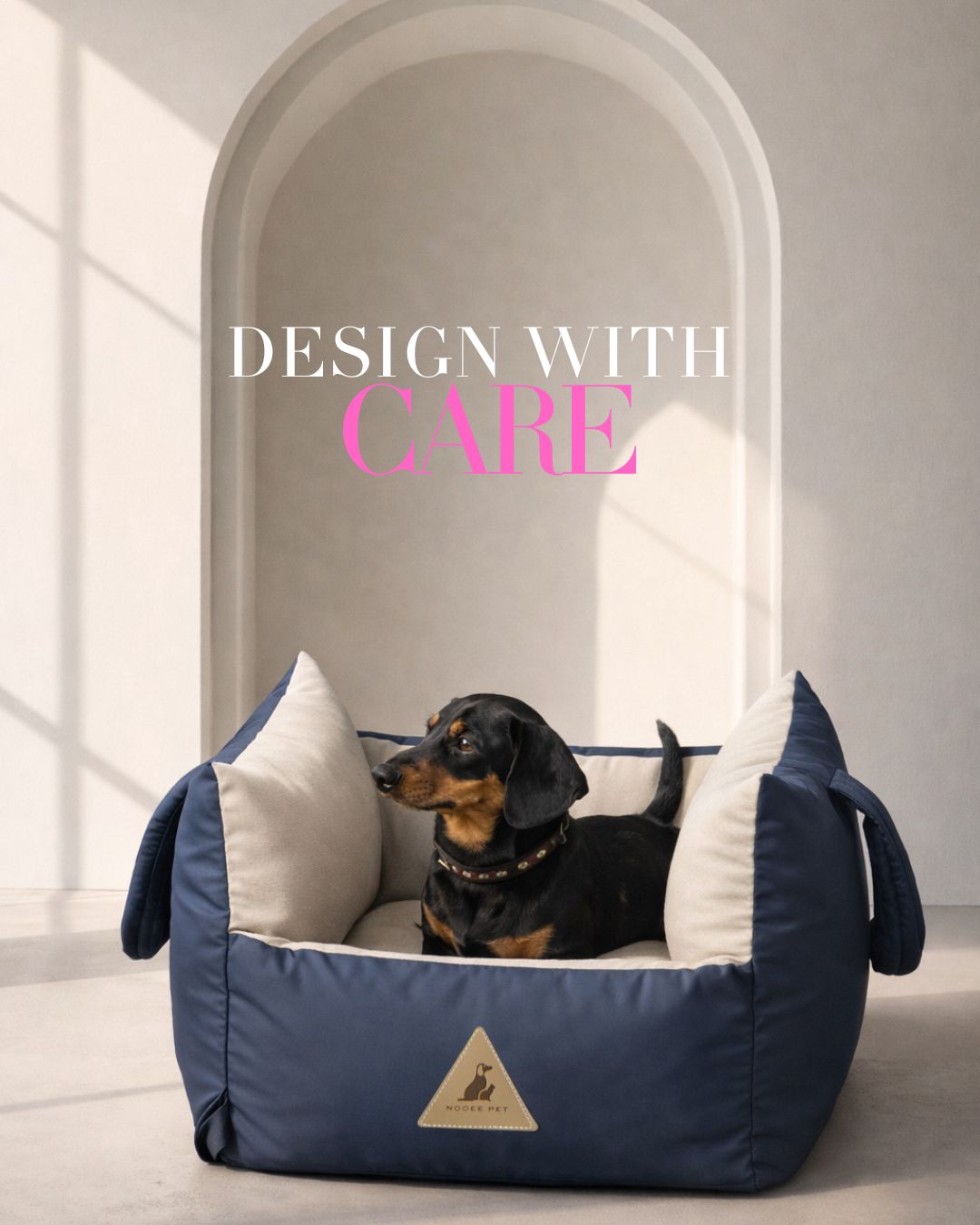 Dog resting comfortably inside the Nooee Pet Charlie carrier in a softly lit, minimalist setting.