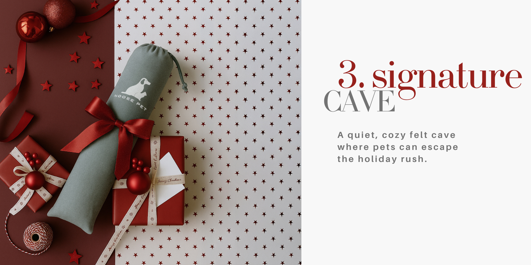 Holiday gift scene featuring a rolled Nooee Pet felt cave wrapped with a red ribbon, surrounded by red and cream gift boxes and festive ornaments on a star-patterned background.