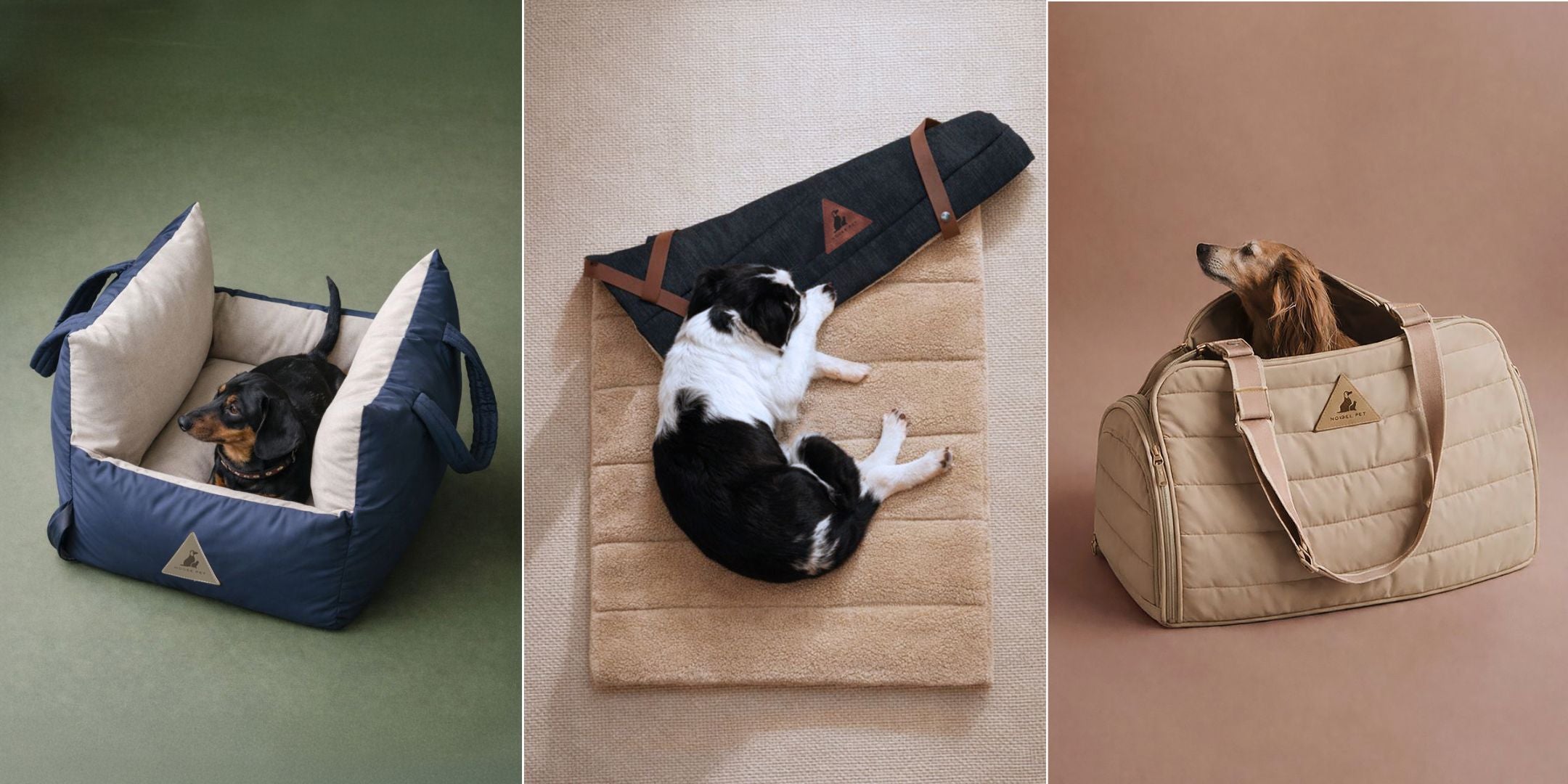 Cozy pet lifestyle scene featuring a dog resting in a navy car seat, a dog relaxing on a soft mat, and a dog sitting inside a neutral-toned carry bag.