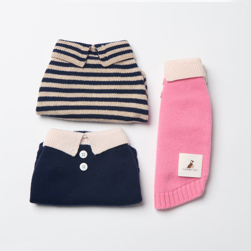 Nooee Pet wool dog polo sweaters in navy, pink, and striped designs