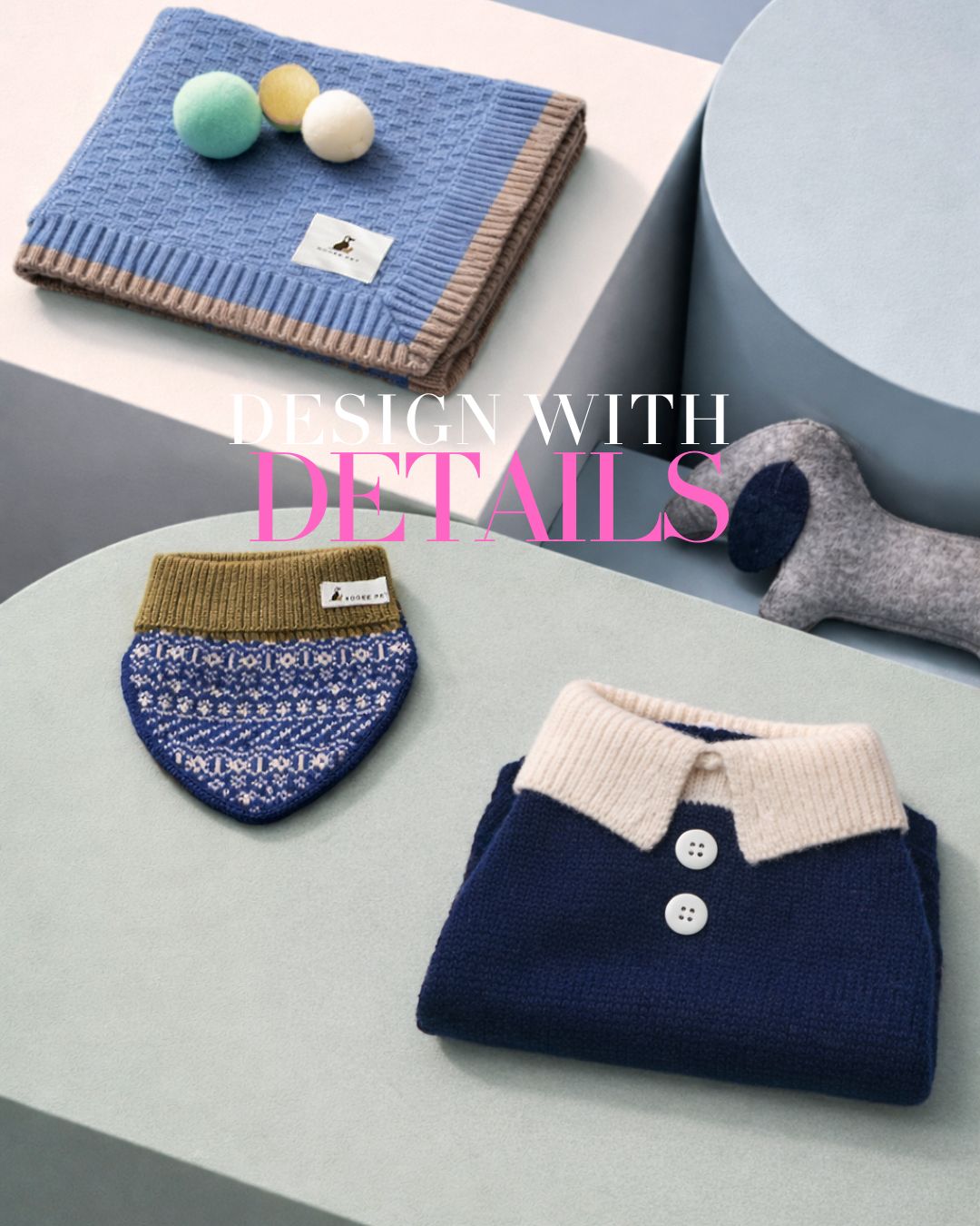 Nooee Pet accessories including knit blankets and soft pet toys styled on blue podiums in soft natural light.