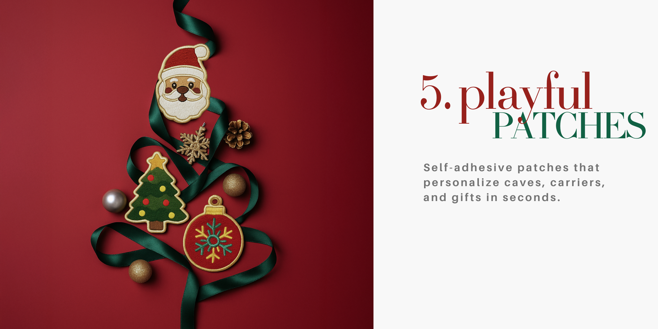 Holiday-themed Nooee Pet patches arranged like a Christmas tree on a red background, including Santa, a Christmas tree, and ornament designs with green ribbon accents.