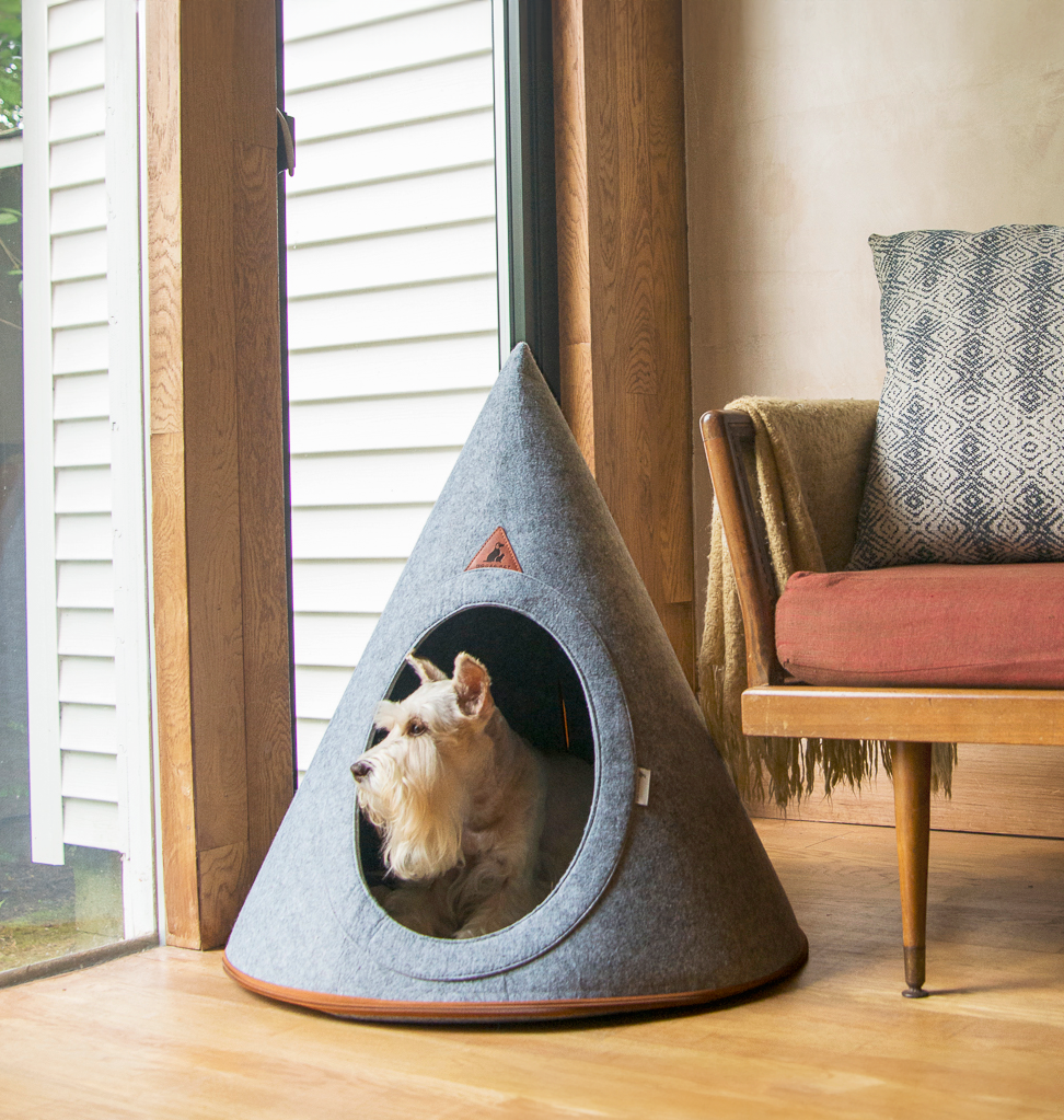 Dog resting inside a gray Nooee Pet felt dog cave bed beside a chair in a modern home