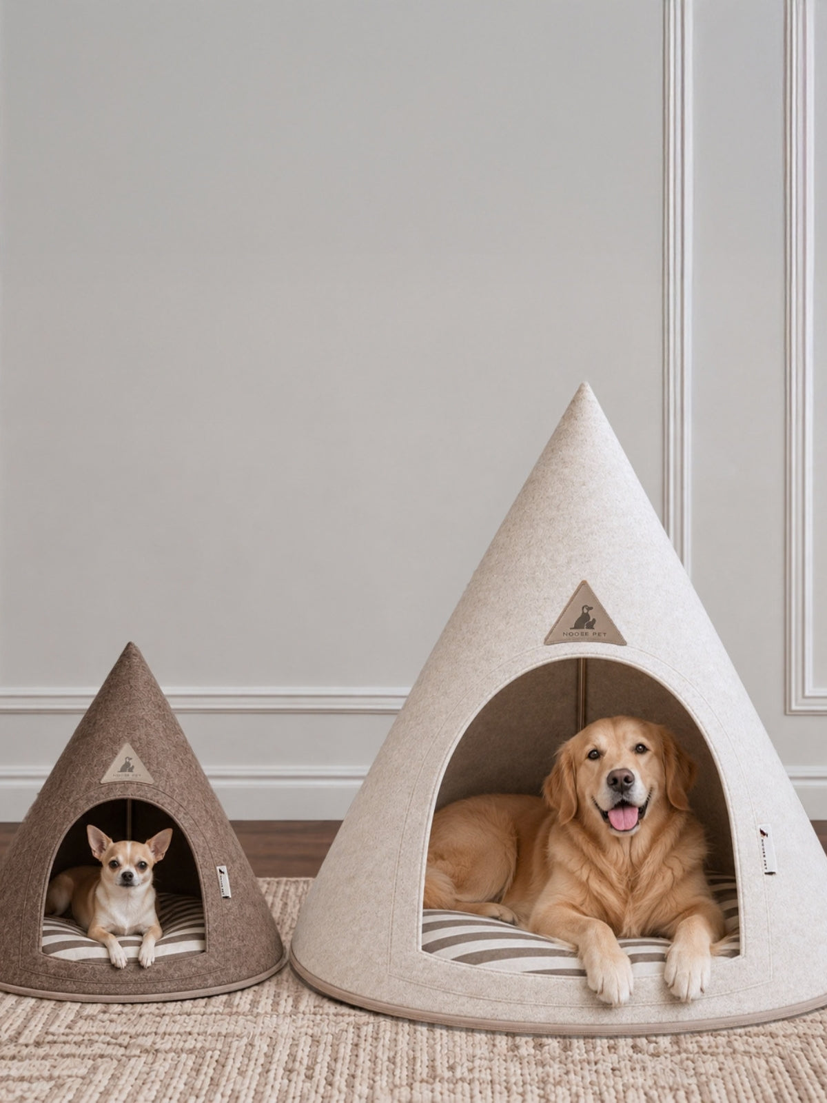 Cream Cooper 3XL Pet Cave with a Golden Retriever beside a smaller brown Pet Cave with a Chihuahua in a neutral living room.