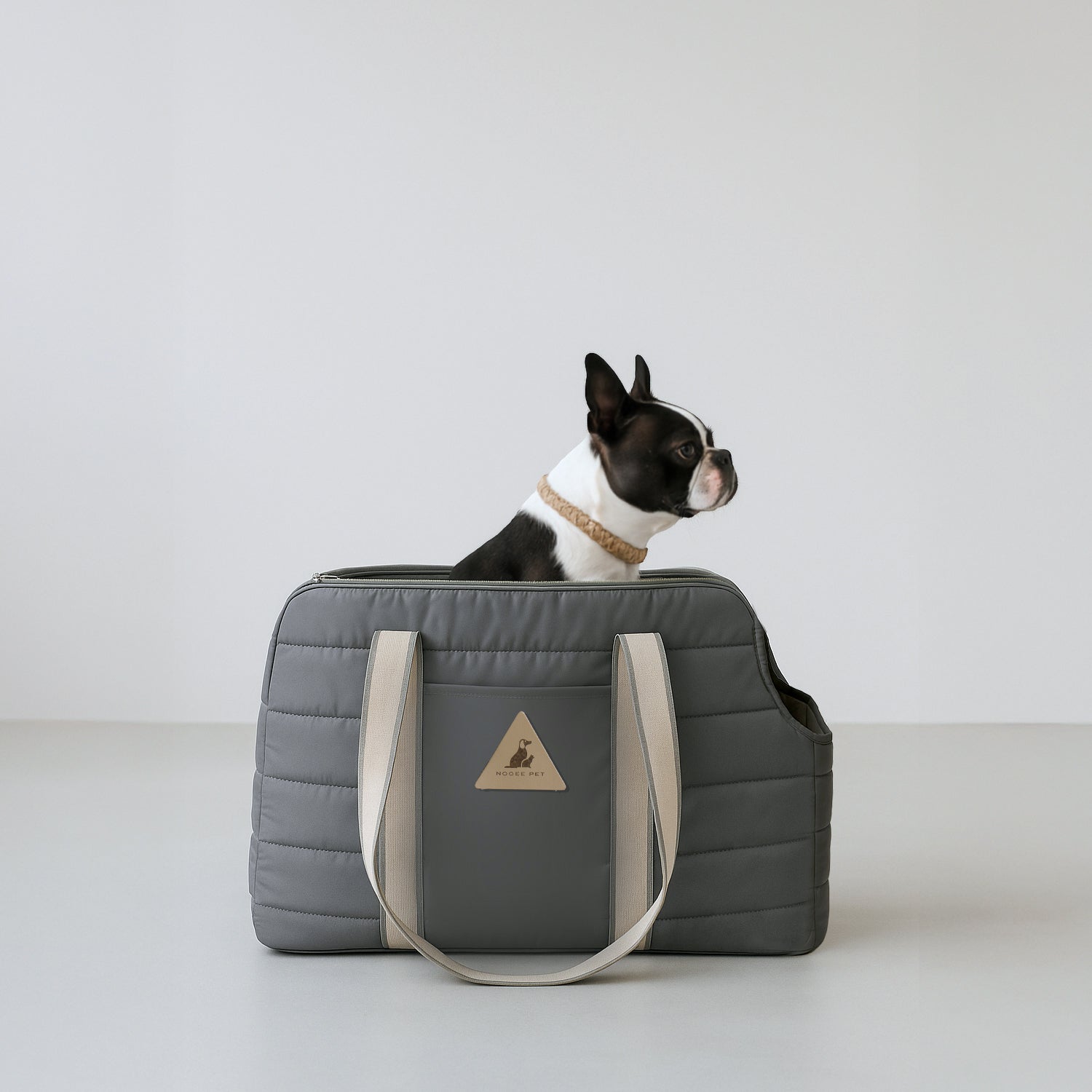 Boston Terrier sitting inside the gray Nooee Pet Finn Carrier with cream handles, against a soft neutral background.