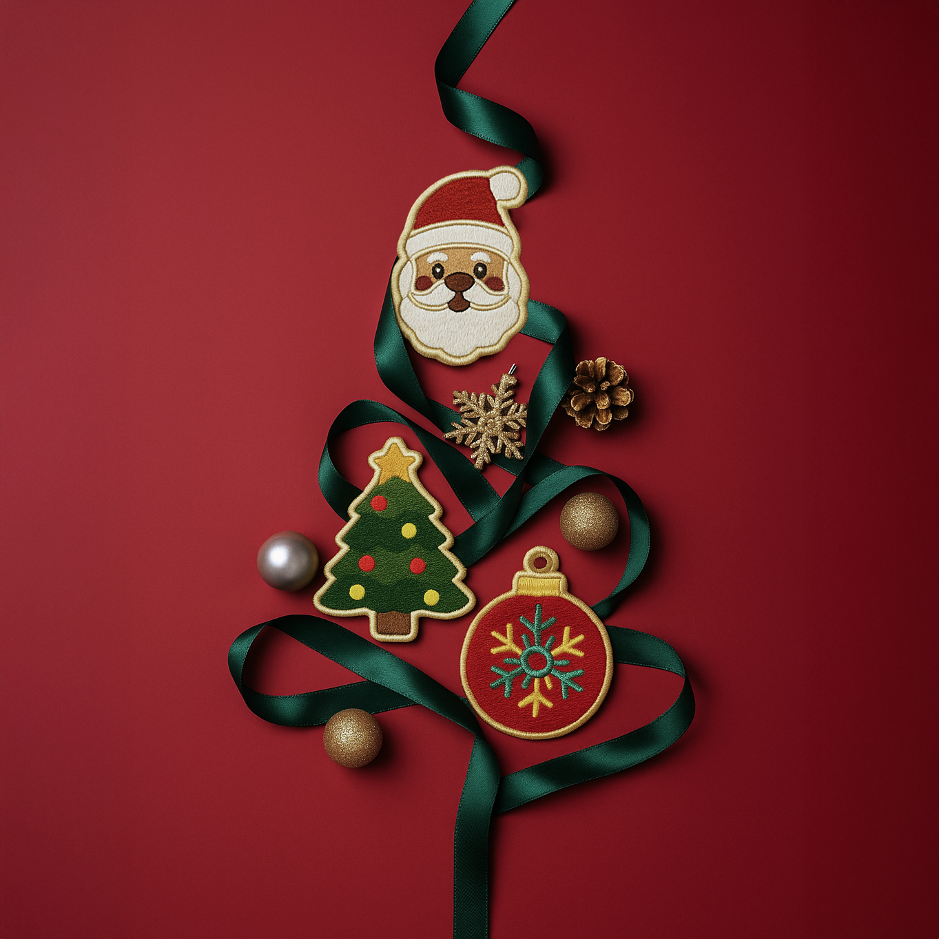 Holiday-themed Nooee Pet patches arranged like a Christmas tree on a red background, including Santa, a Christmas tree, and ornament designs with green ribbon accents.