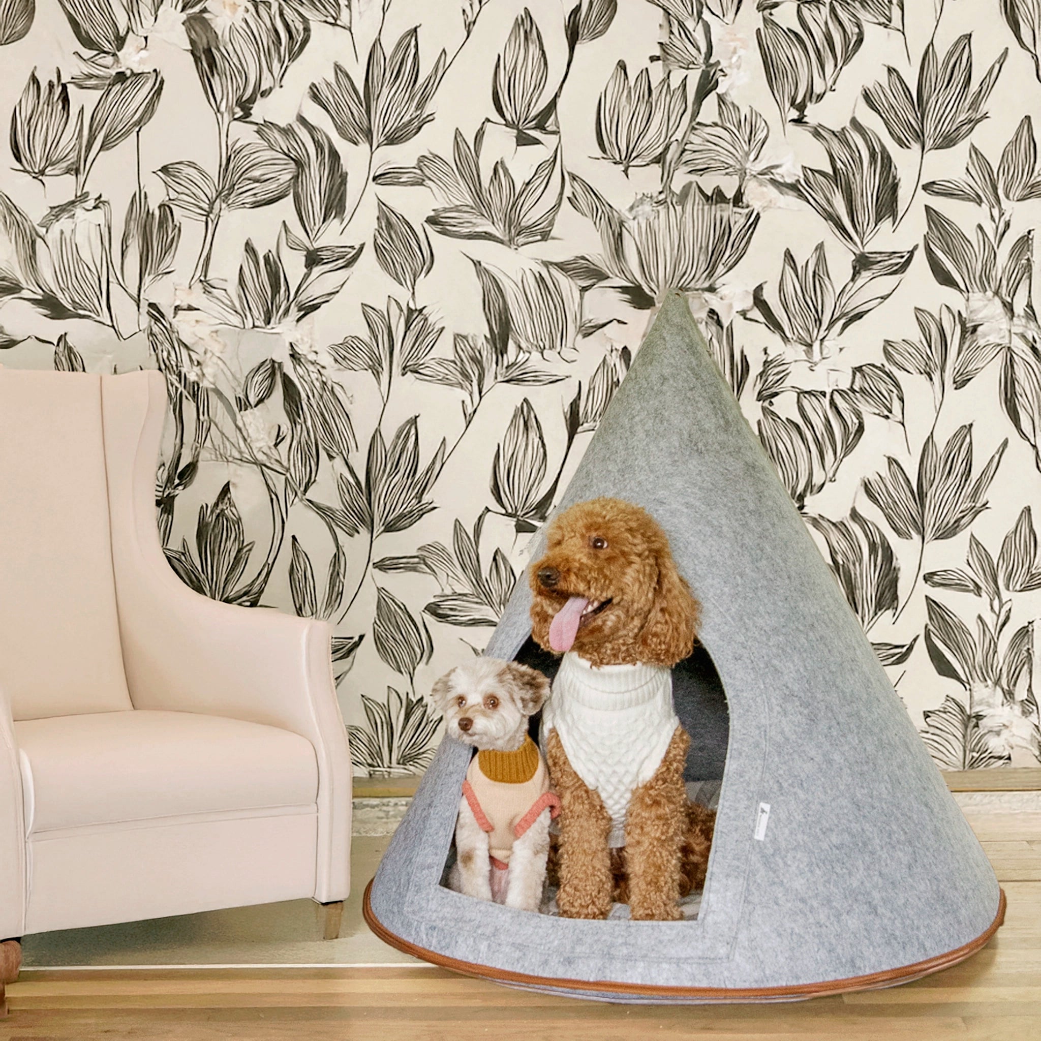 Two dogs inside Nooee Pet Cave Harry (XXL) in Gray, showcasing its spacious interior for pets up to 50 lbs.