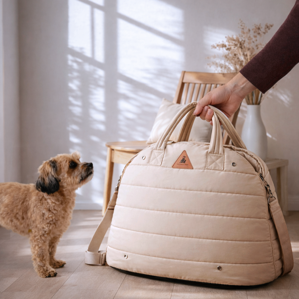 Small dog beside a cream quilted Nooee Pet pet carrier held by its handles
